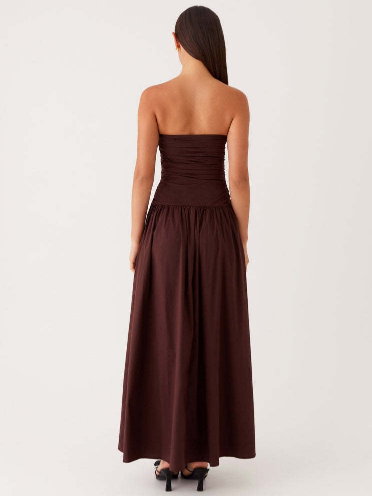 Strapless Ruched Maxi Dress with Dropped Waist