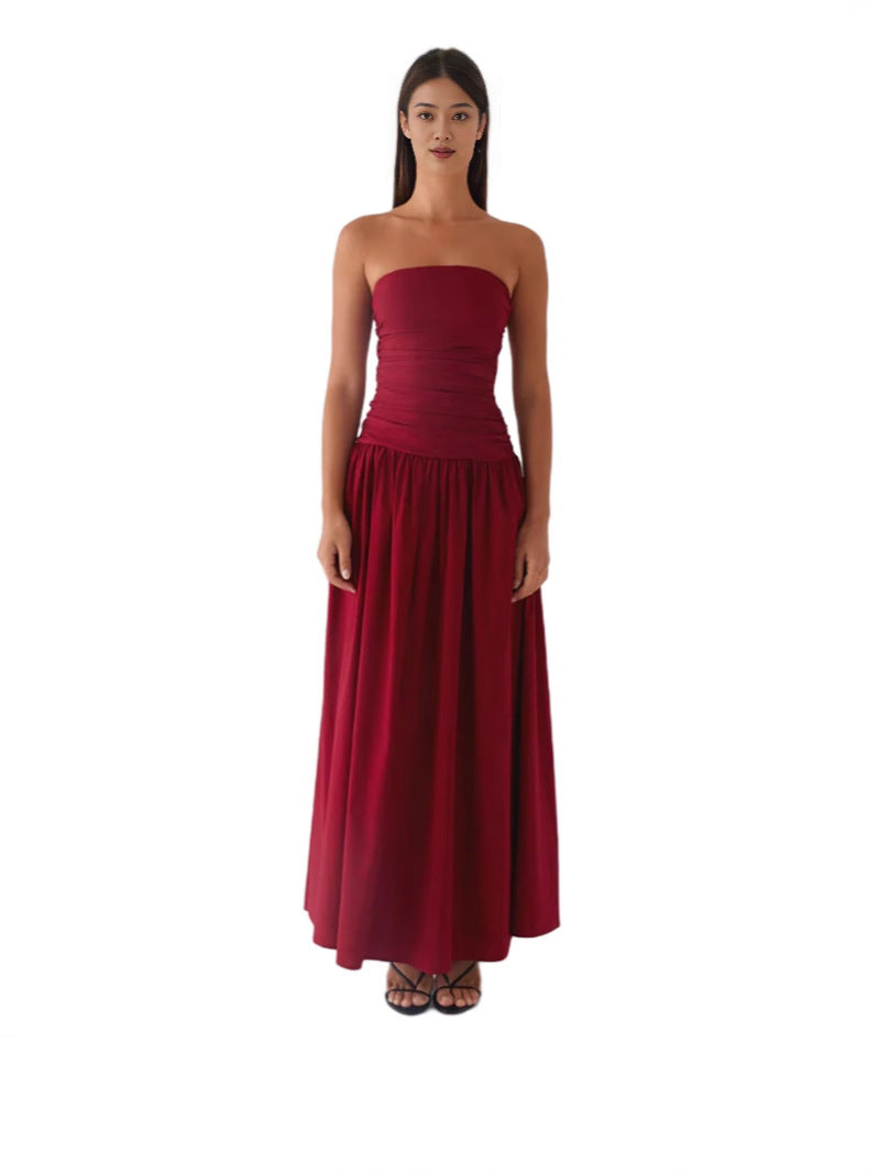 Strapless Ruched Maxi Dress with Dropped Waist