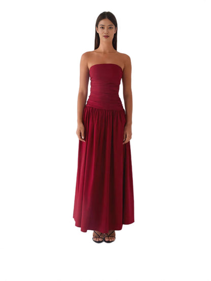 Strapless Ruched Maxi Dress with Dropped Waist