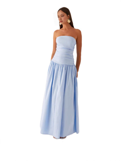 Strapless Ruched Maxi Dress with Dropped Waist