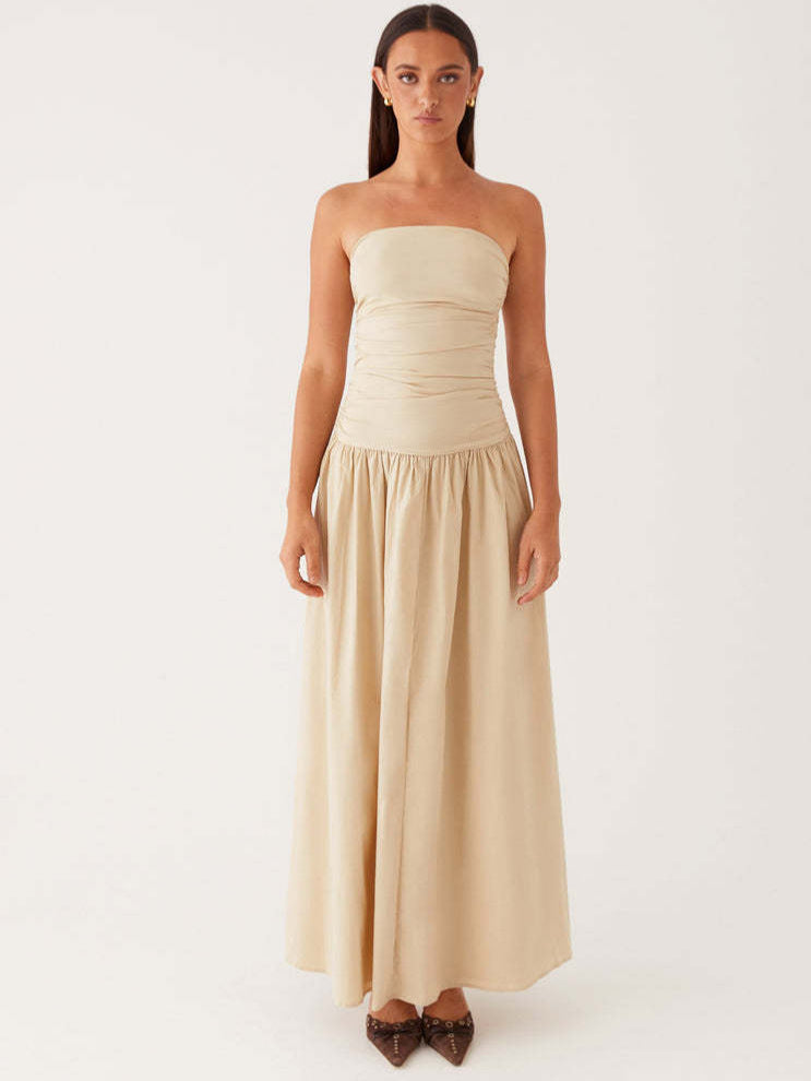 Strapless Ruched Maxi Dress with Dropped Waist