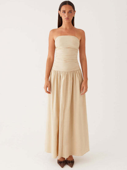 Strapless Ruched Maxi Dress with Dropped Waist