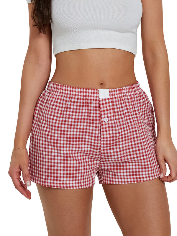 High-Waist Plaid Boxer Shorts with Button Detail