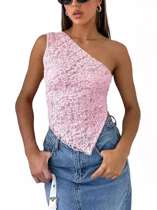 One-Shoulder Lace Top with Handkerchief Hem and Tie-Back