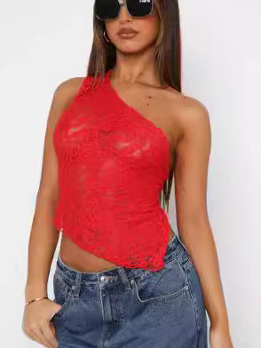 One-Shoulder Lace Top with Handkerchief Hem and Tie-Back