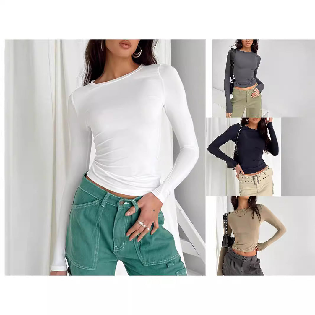 Slim Fit Long Sleeve Crewneck Top in Solid Colors