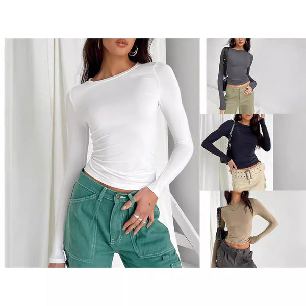Slim Fit Long Sleeve Crewneck Top in Solid Colors