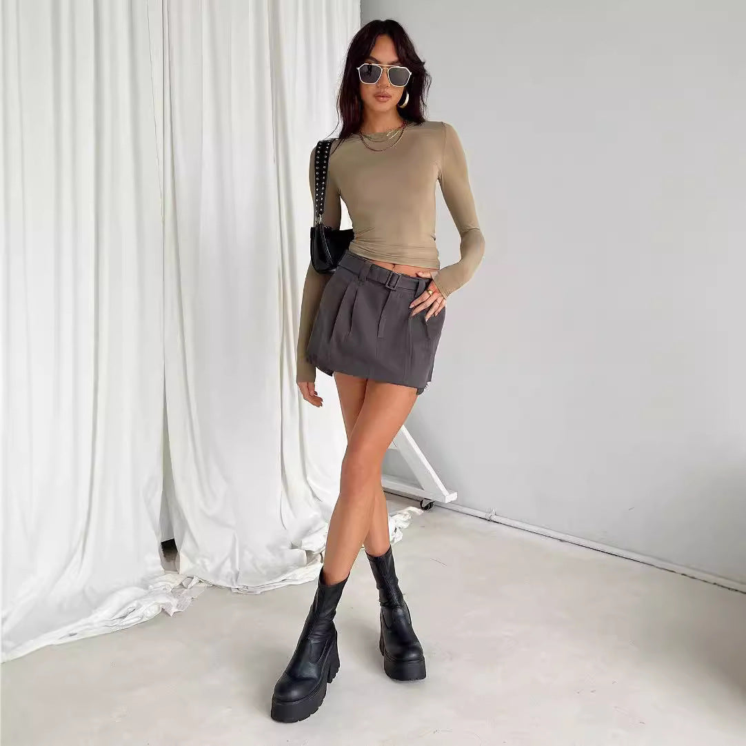 Slim Fit Long Sleeve Crewneck Top in Solid Colors