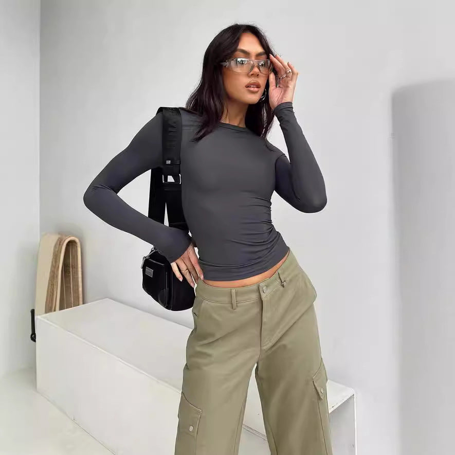 Slim Fit Long Sleeve Crewneck Top in Solid Colors