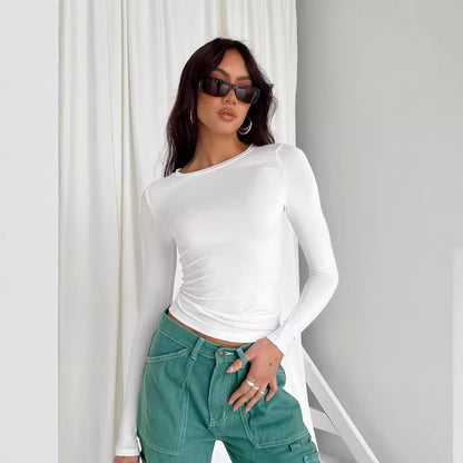 Slim Fit Long Sleeve Crewneck Top in Solid Colors