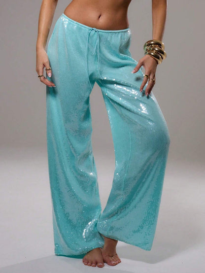 Wide-Leg Sequined Trousers with High Waist and Drawstring