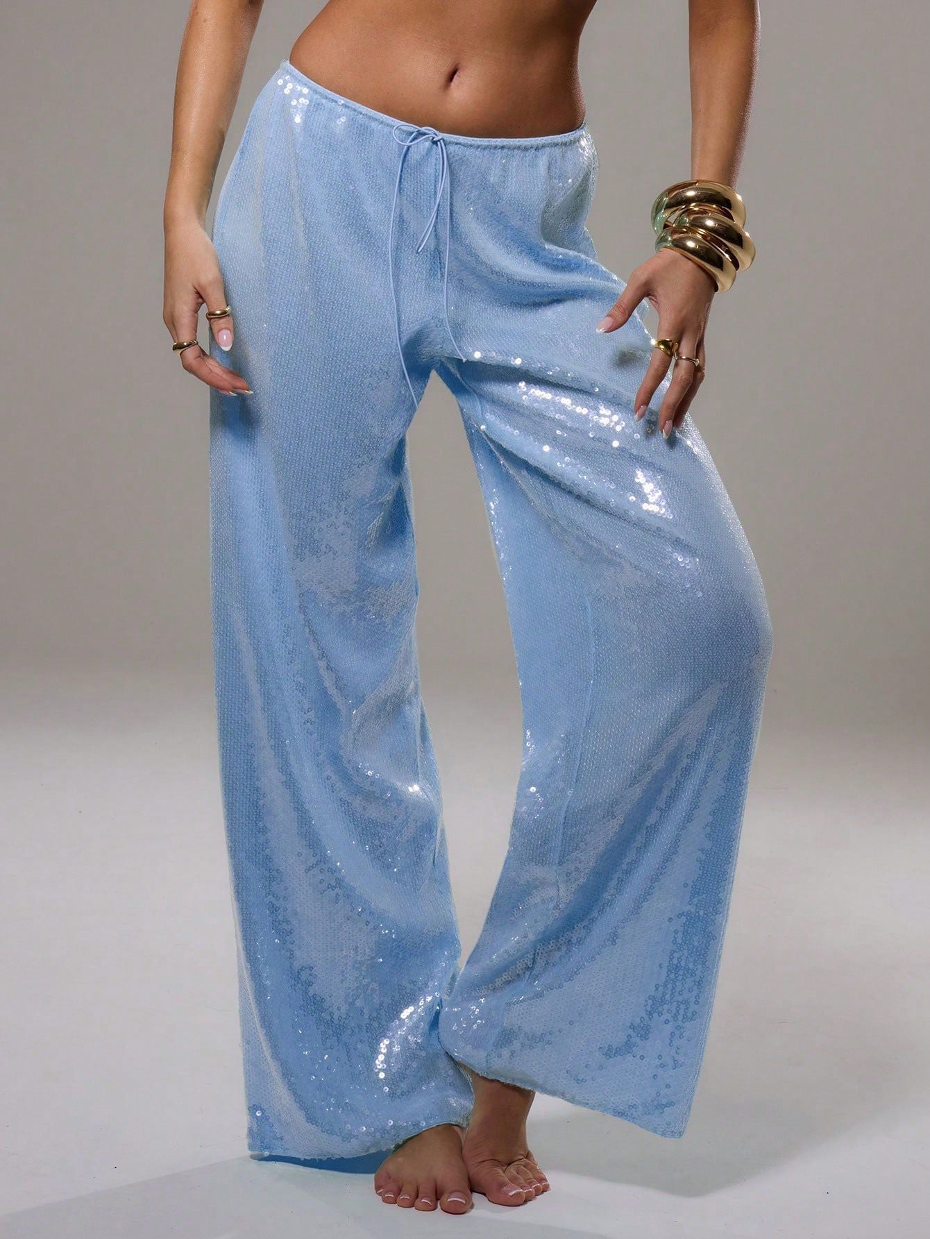 Wide-Leg Sequined Trousers with High Waist and Drawstring