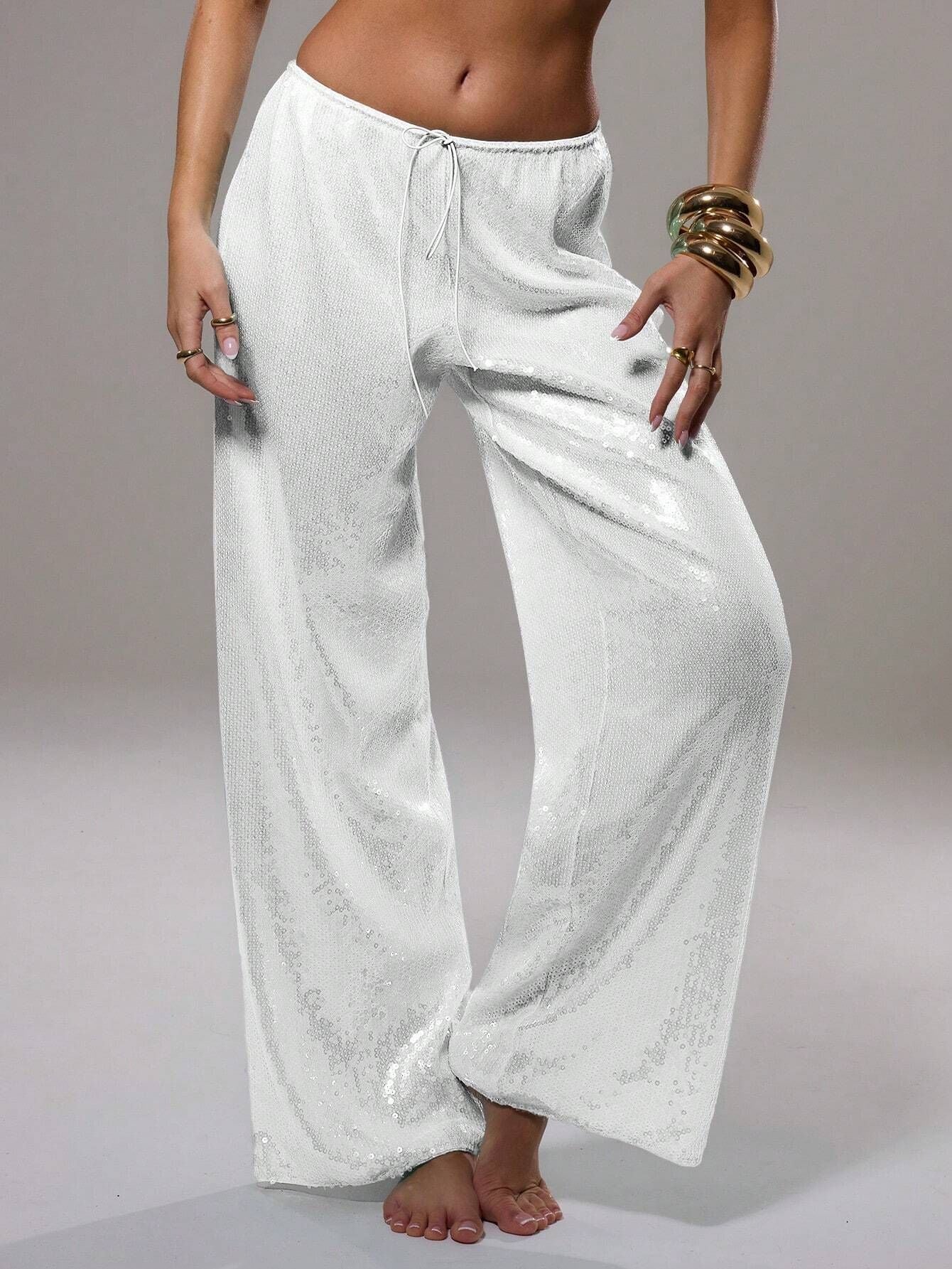 Wide-Leg Sequined Trousers with High Waist and Drawstring