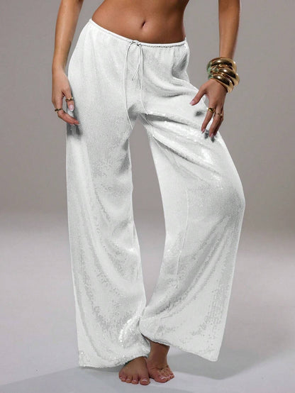 Wide-Leg Sequined Trousers with High Waist and Drawstring