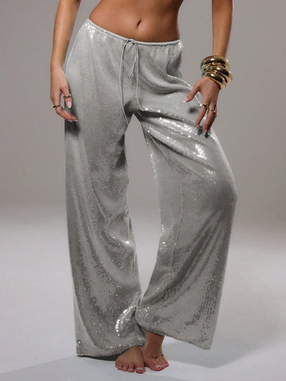 Wide-Leg Sequined Trousers with High Waist and Drawstring