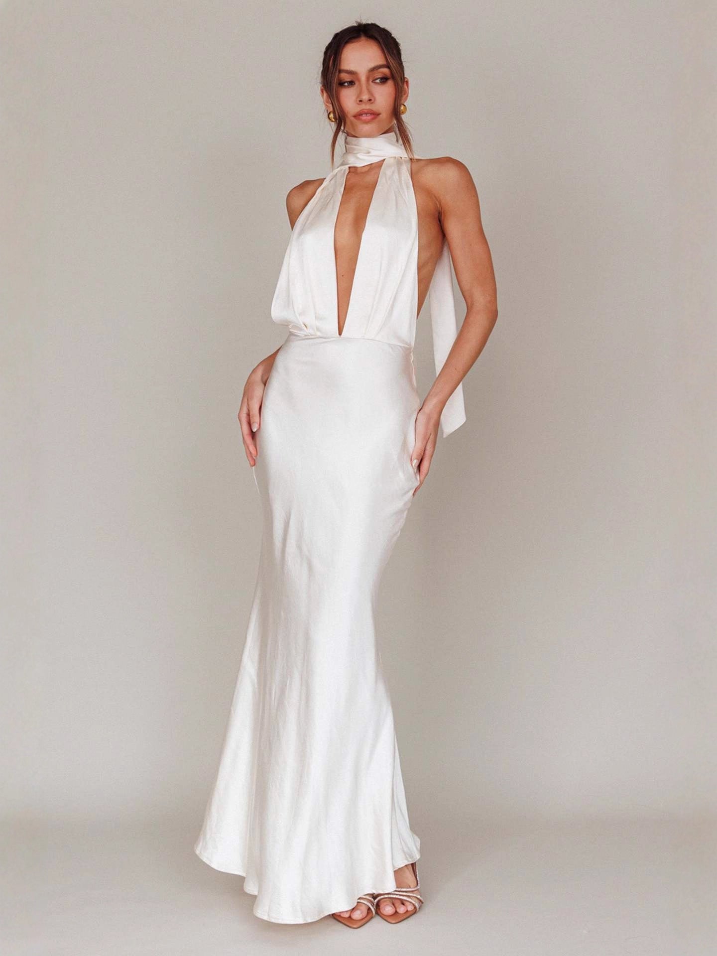 Satin Halter Maxi Dress with Deep V-Neck and Scarf Tie