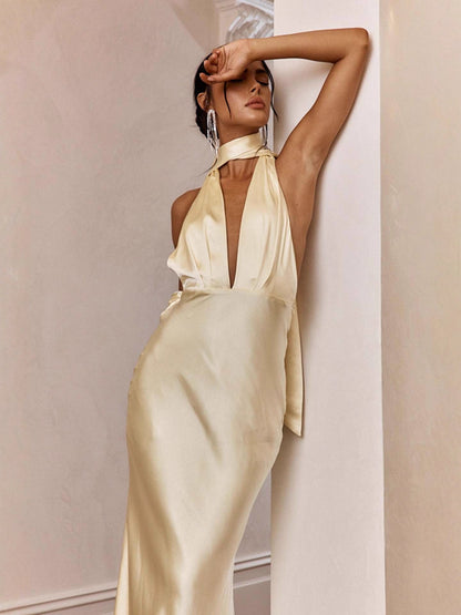 Satin Halter Maxi Dress with Deep V-Neck and Scarf Tie