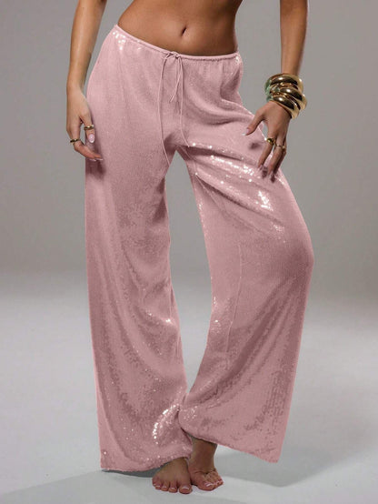 Wide-Leg Sequined Trousers with High Waist and Drawstring