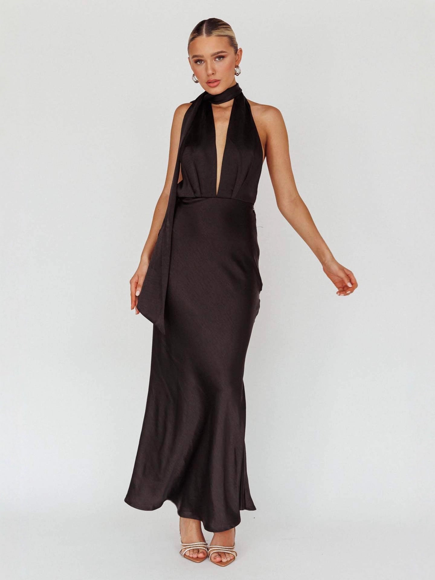 Satin Halter Maxi Dress with Deep V-Neck and Scarf Tie