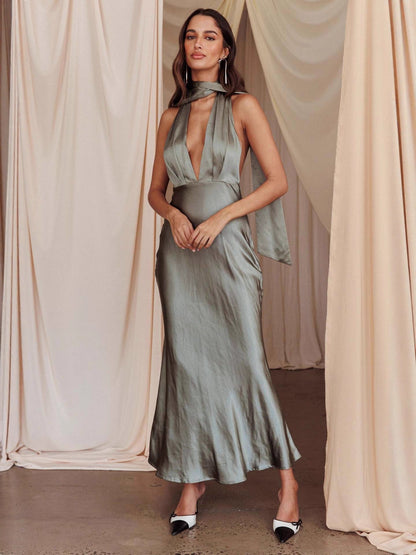 Satin Halter Maxi Dress with Deep V-Neck and Scarf Tie