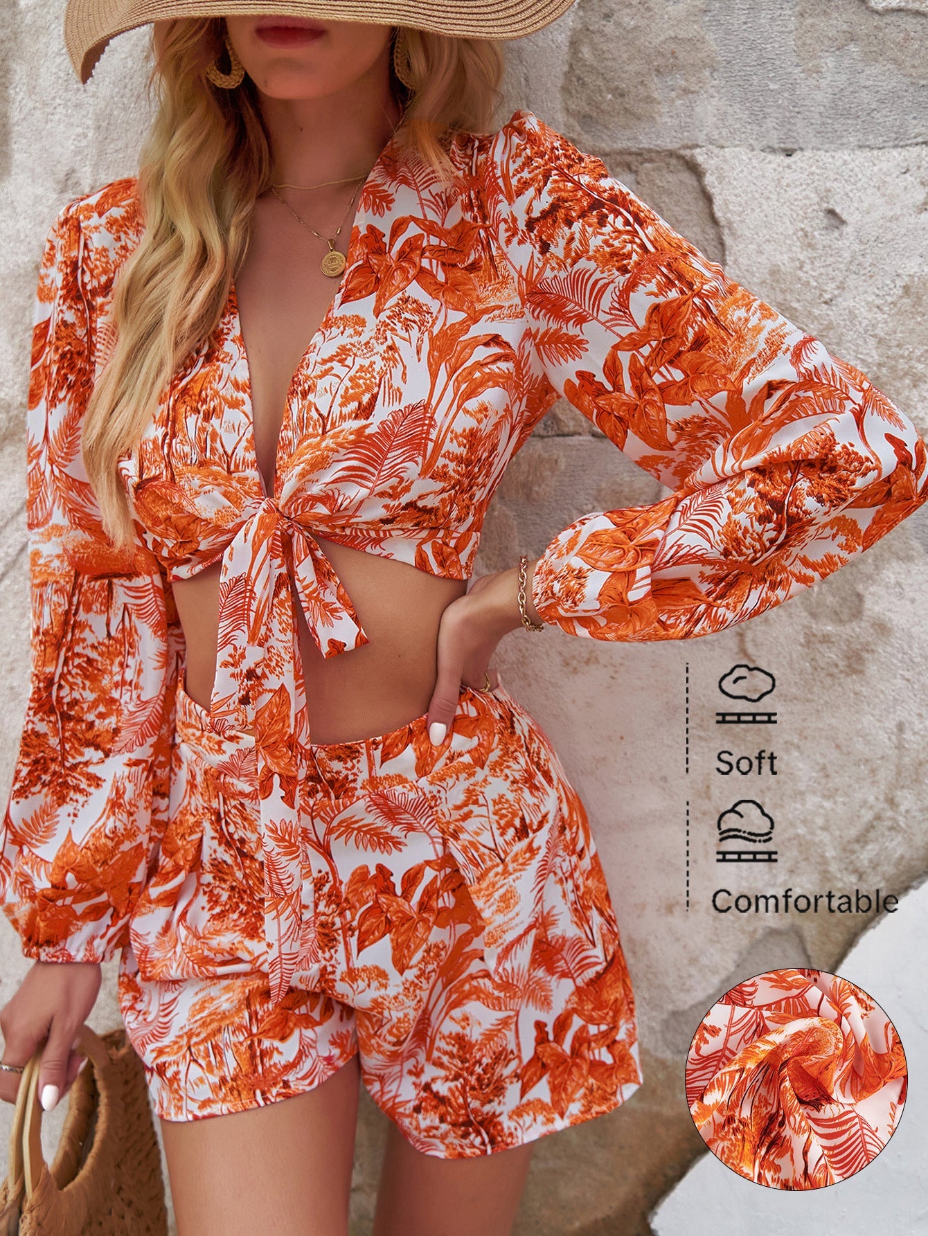 Tropical Print Lantern Sleeve Tie-Front Top and Shorts Set
