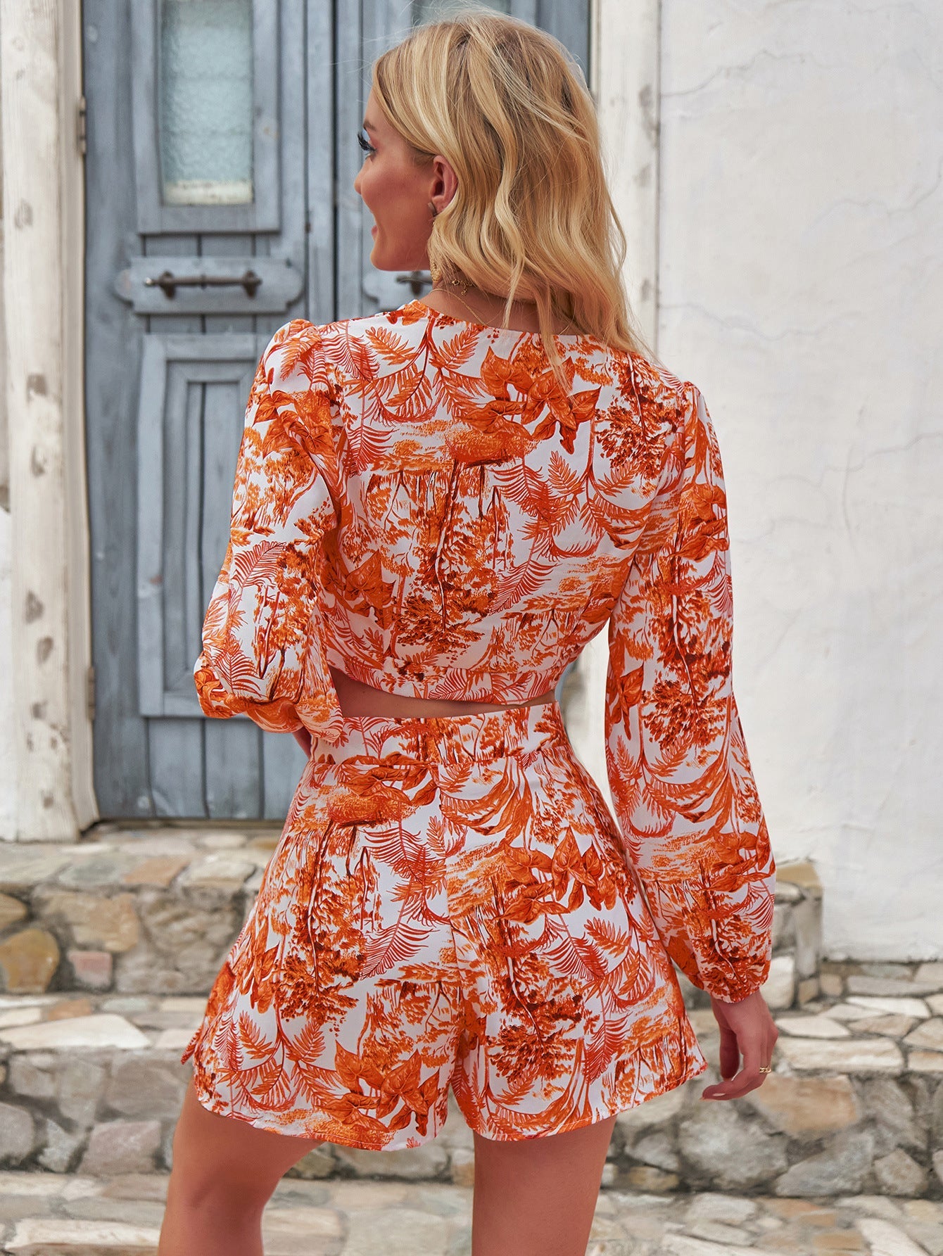 Tropical Print Lantern Sleeve Tie-Front Top and Shorts Set