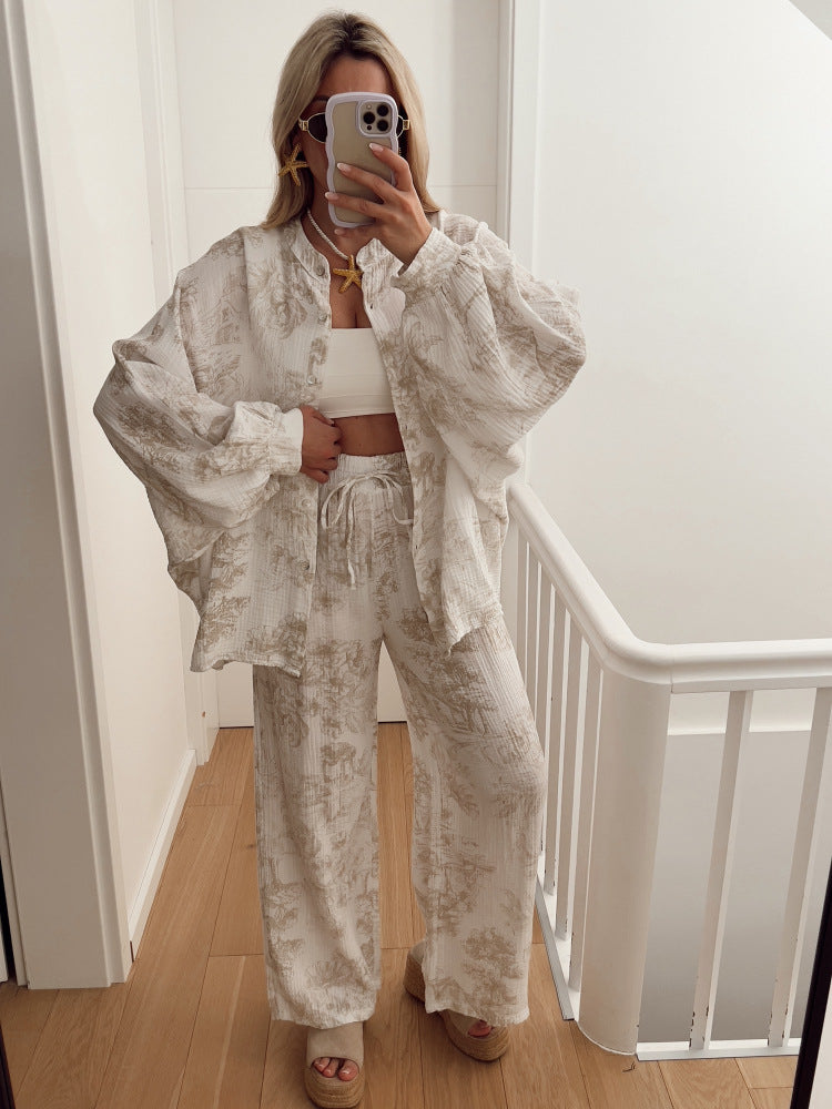 Toile Print Two-Piece Set with Oversized Shirt and Wide-Leg Pants