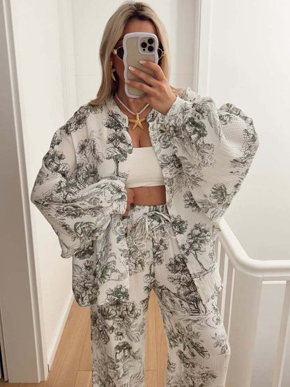 Toile Print Two-Piece Set with Oversized Shirt and Wide-Leg Pants