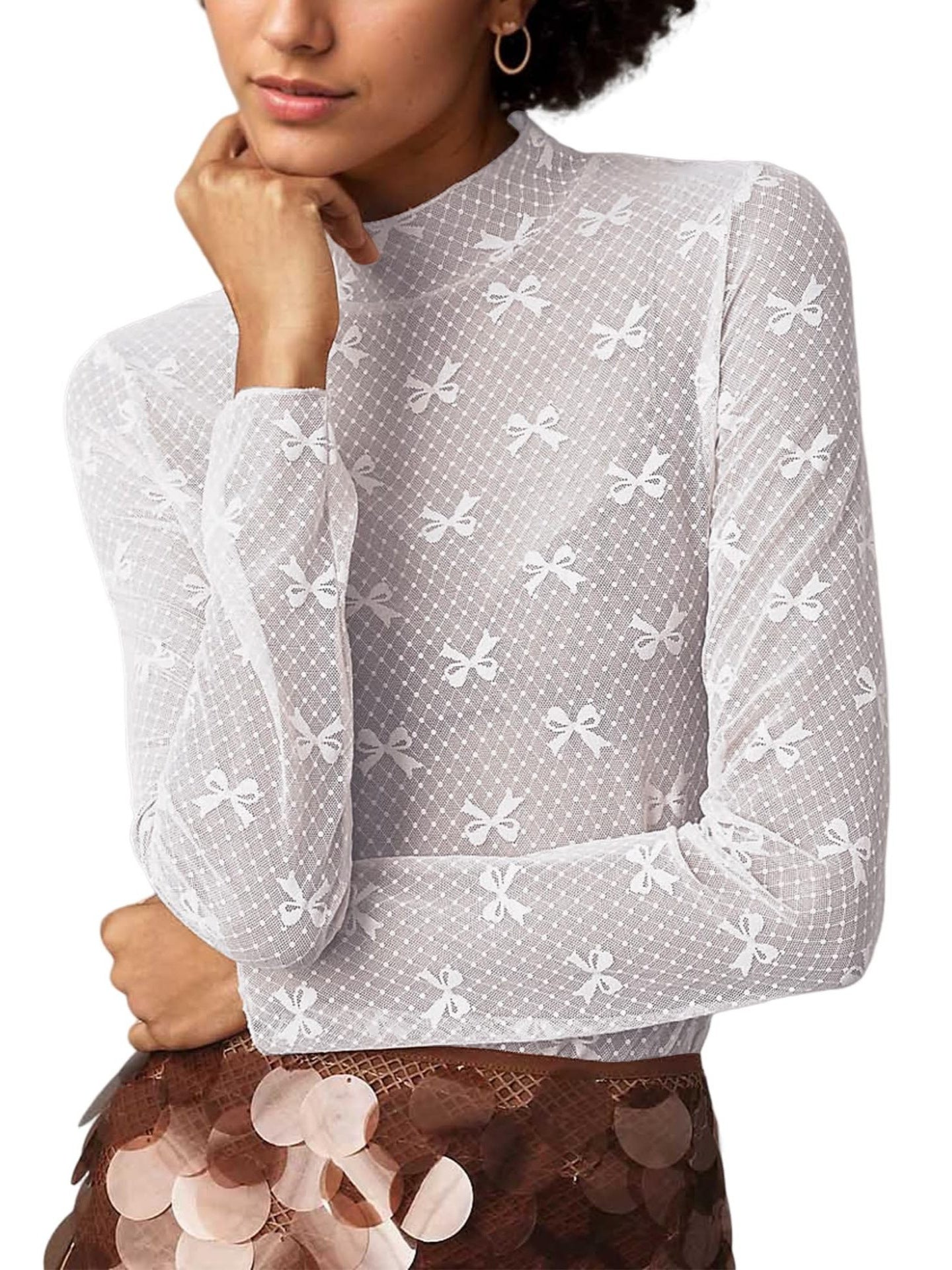 Bow Print Mesh Top with Long Sleeves and Mock Neck