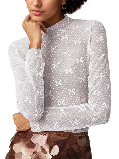 Bow Print Mesh Top with Long Sleeves and Mock Neck