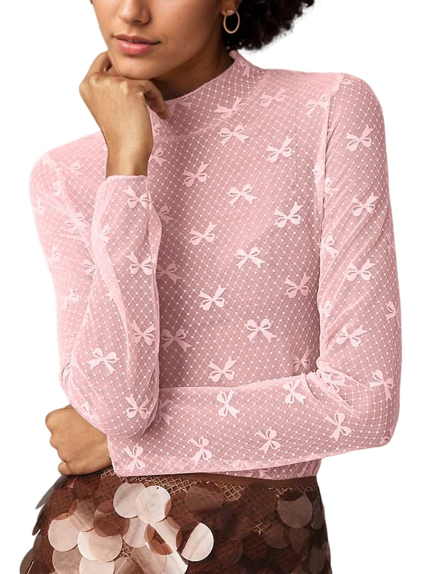 Bow Print Mesh Top with Long Sleeves and Mock Neck