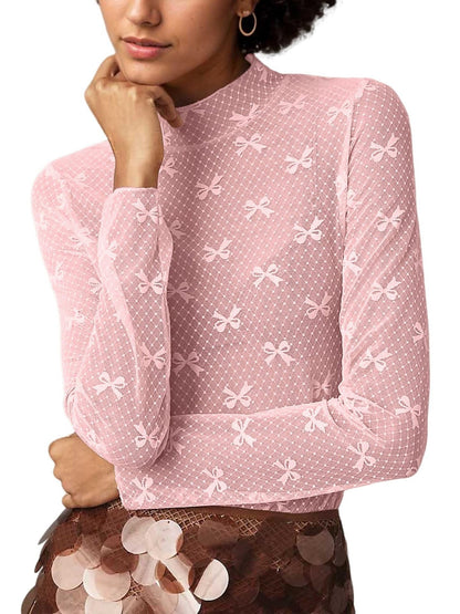 Bow Print Mesh Top with Long Sleeves and Mock Neck