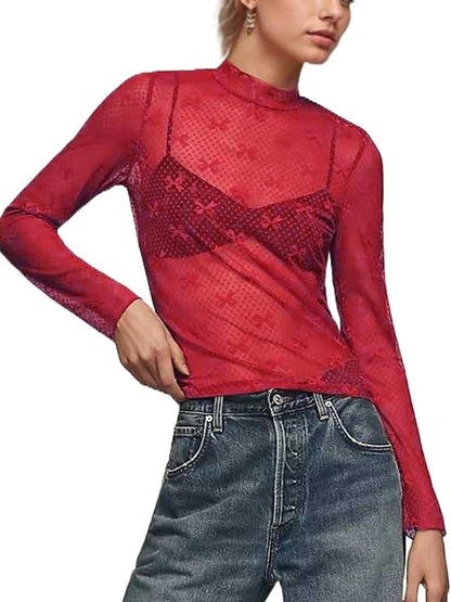 Bow Print Mesh Top with Long Sleeves and Mock Neck