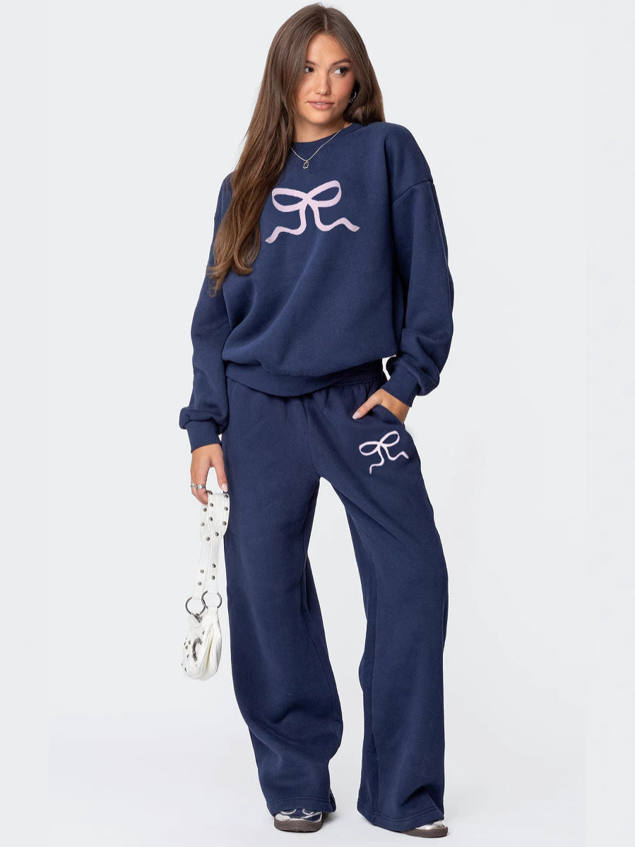 Oversized Sweatshirt and Wide-Leg Pants Set with Bow Print