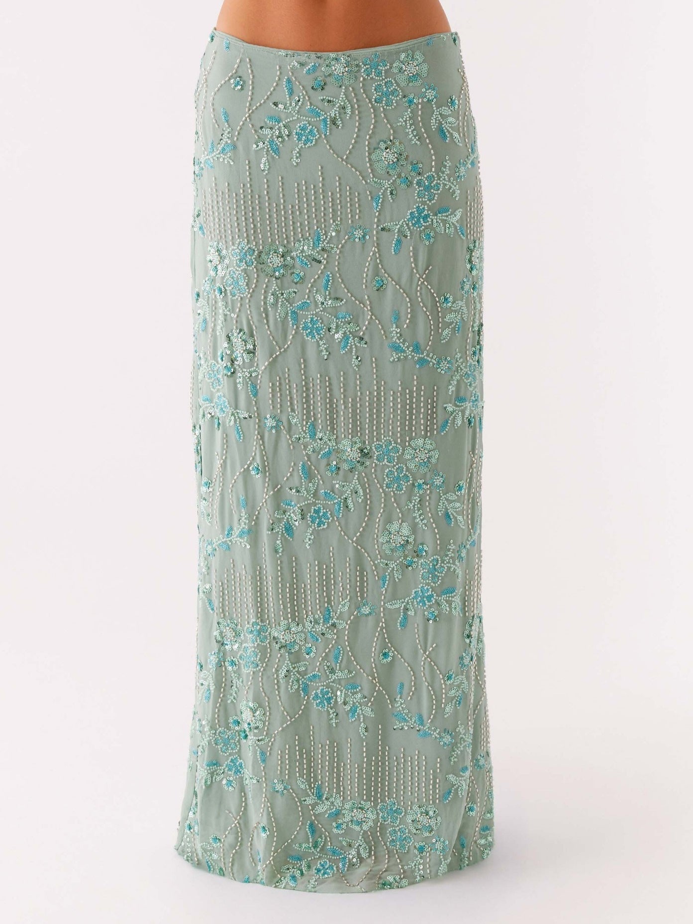 Beaded Floral Straight Maxi Skirt with Irregular Hem