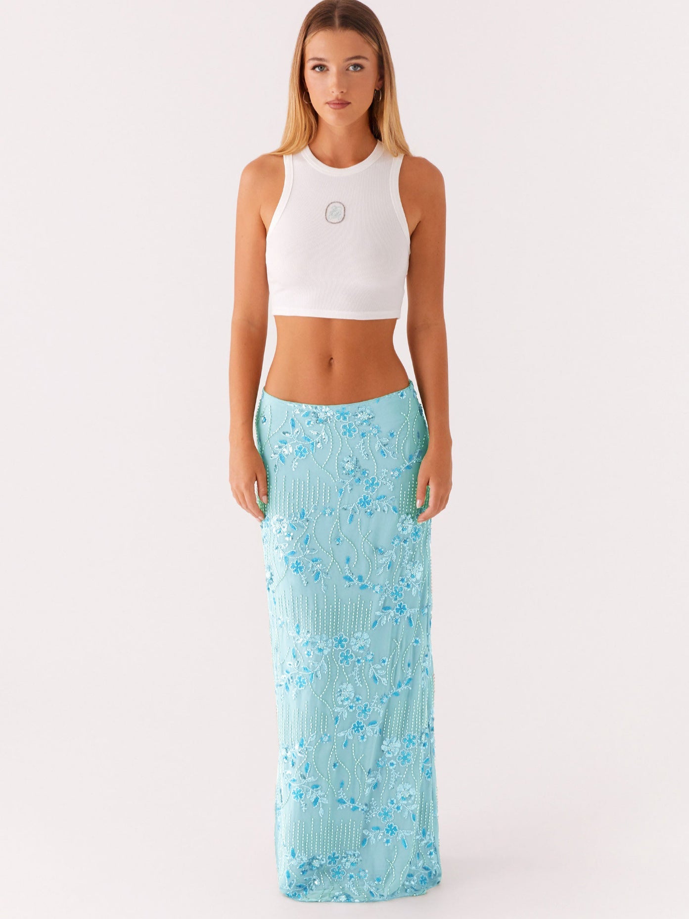 Beaded Floral Straight Maxi Skirt with Irregular Hem