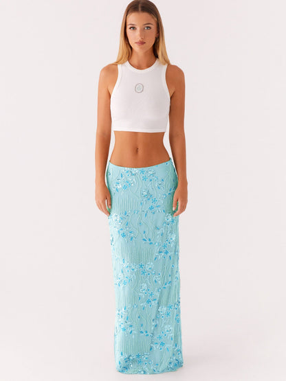 Beaded Floral Straight Maxi Skirt with Irregular Hem