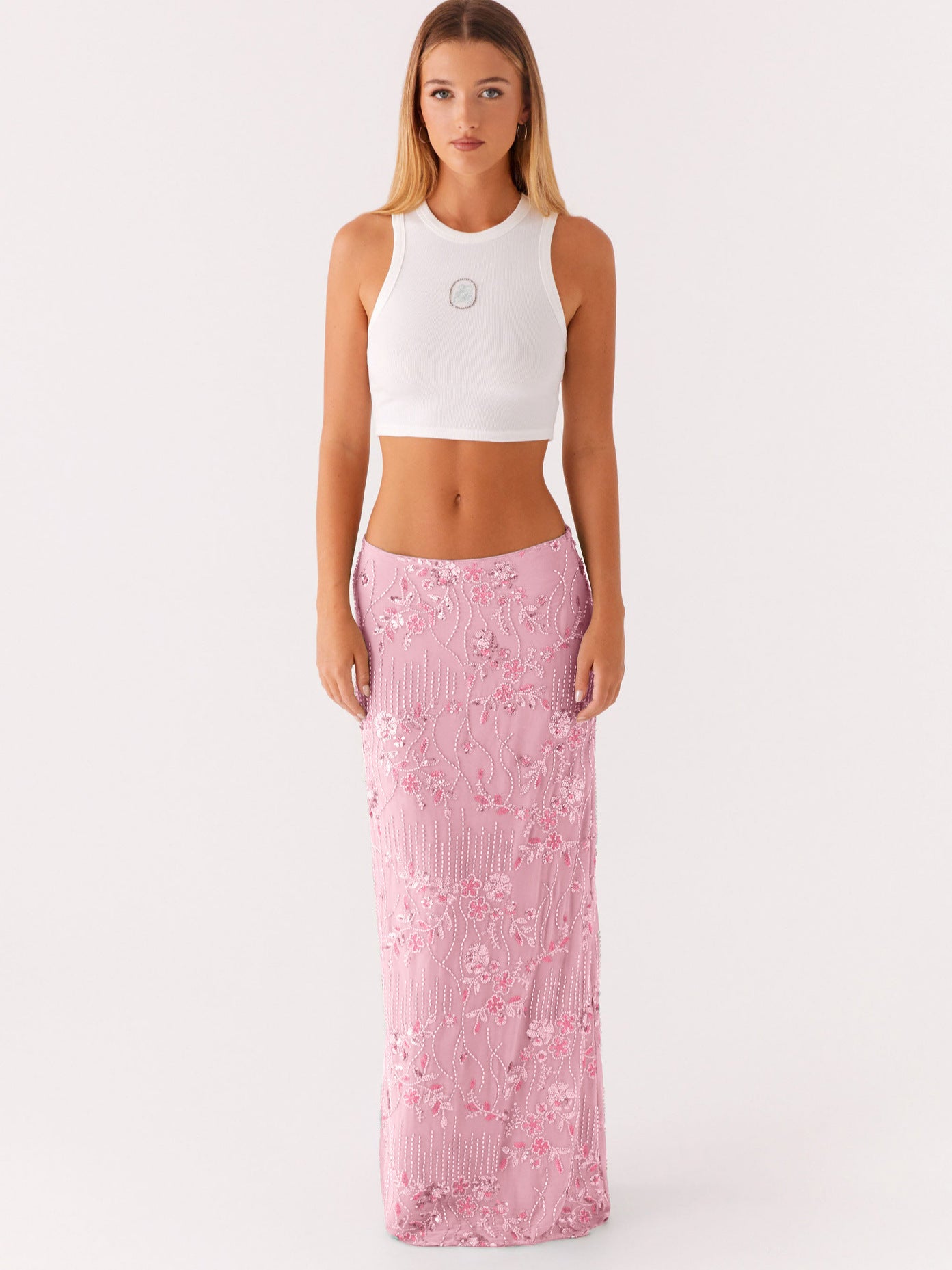Beaded Floral Straight Maxi Skirt with Irregular Hem