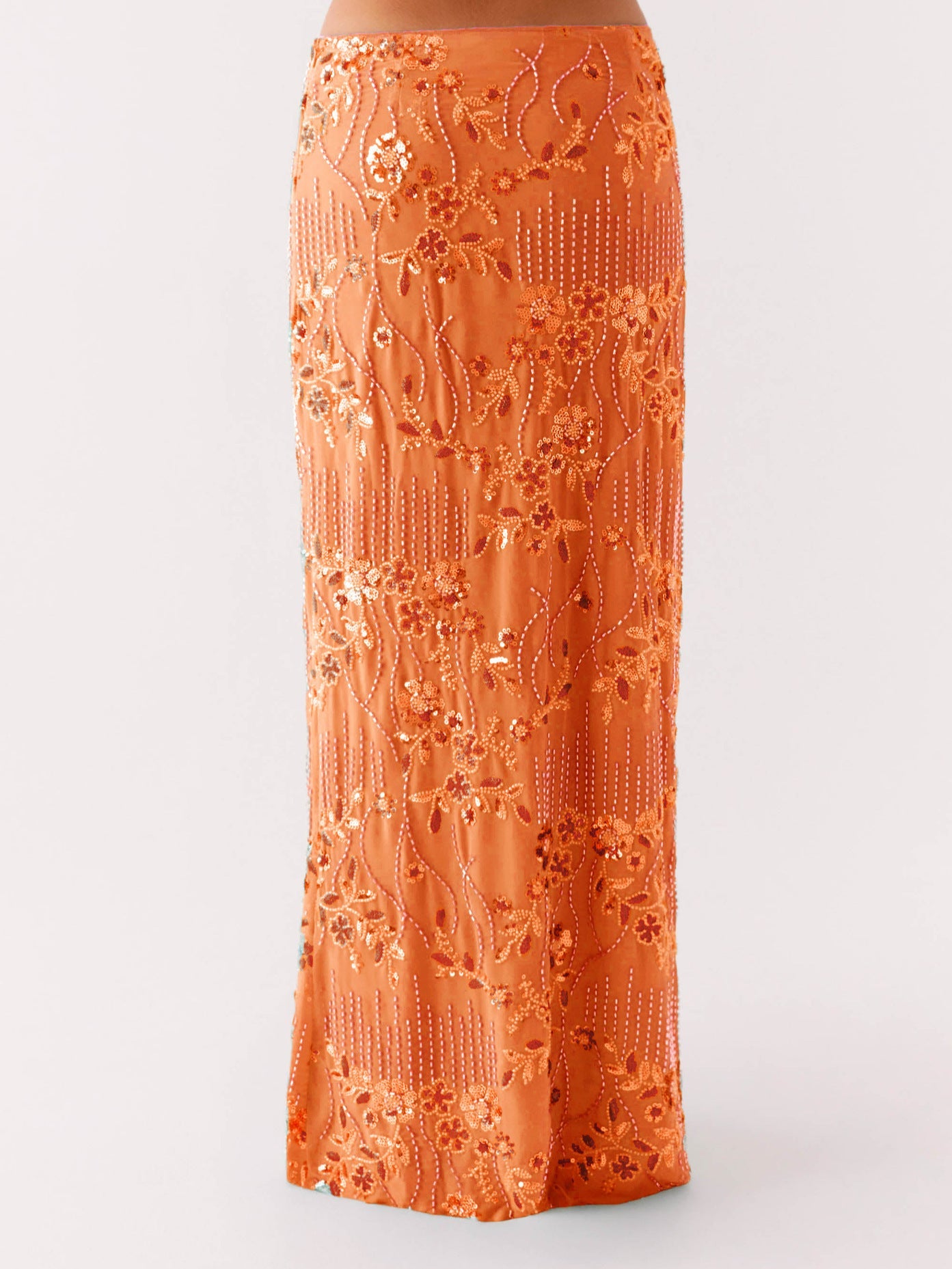 Beaded Floral Straight Maxi Skirt with Irregular Hem
