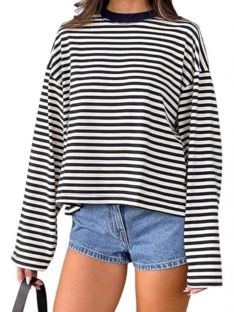 Oversized Striped Long Sleeve T-Shirt with Round Neck