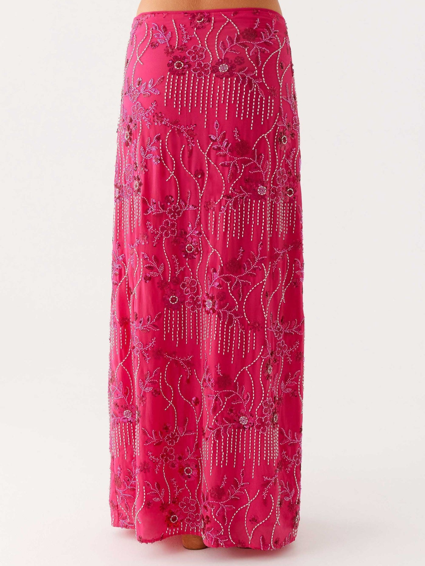 Beaded Floral Straight Maxi Skirt with Irregular Hem