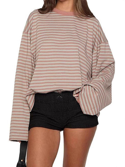 Oversized Striped Long Sleeve T-Shirt with Round Neck
