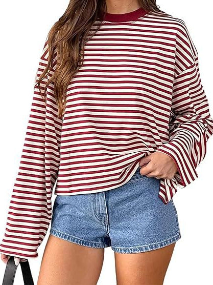 Oversized Striped Long Sleeve T-Shirt with Round Neck