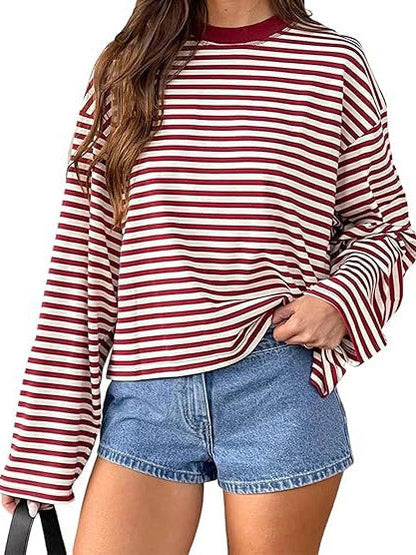Oversized Striped Long Sleeve T-Shirt with Round Neck