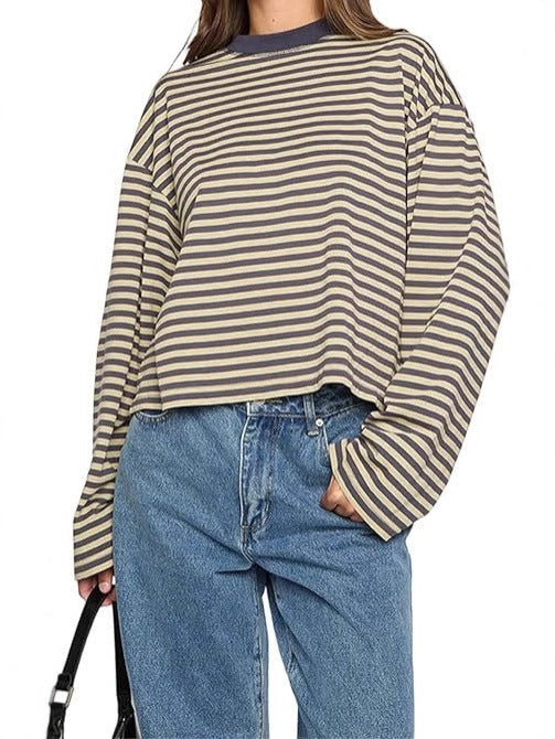 Oversized Striped Long Sleeve T-Shirt with Round Neck