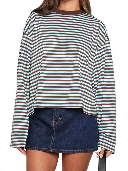 Oversized Striped Long Sleeve T-Shirt with Round Neck