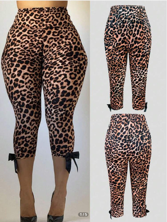 Leopard Print High-Waist Cropped Leggings with Bow Detail