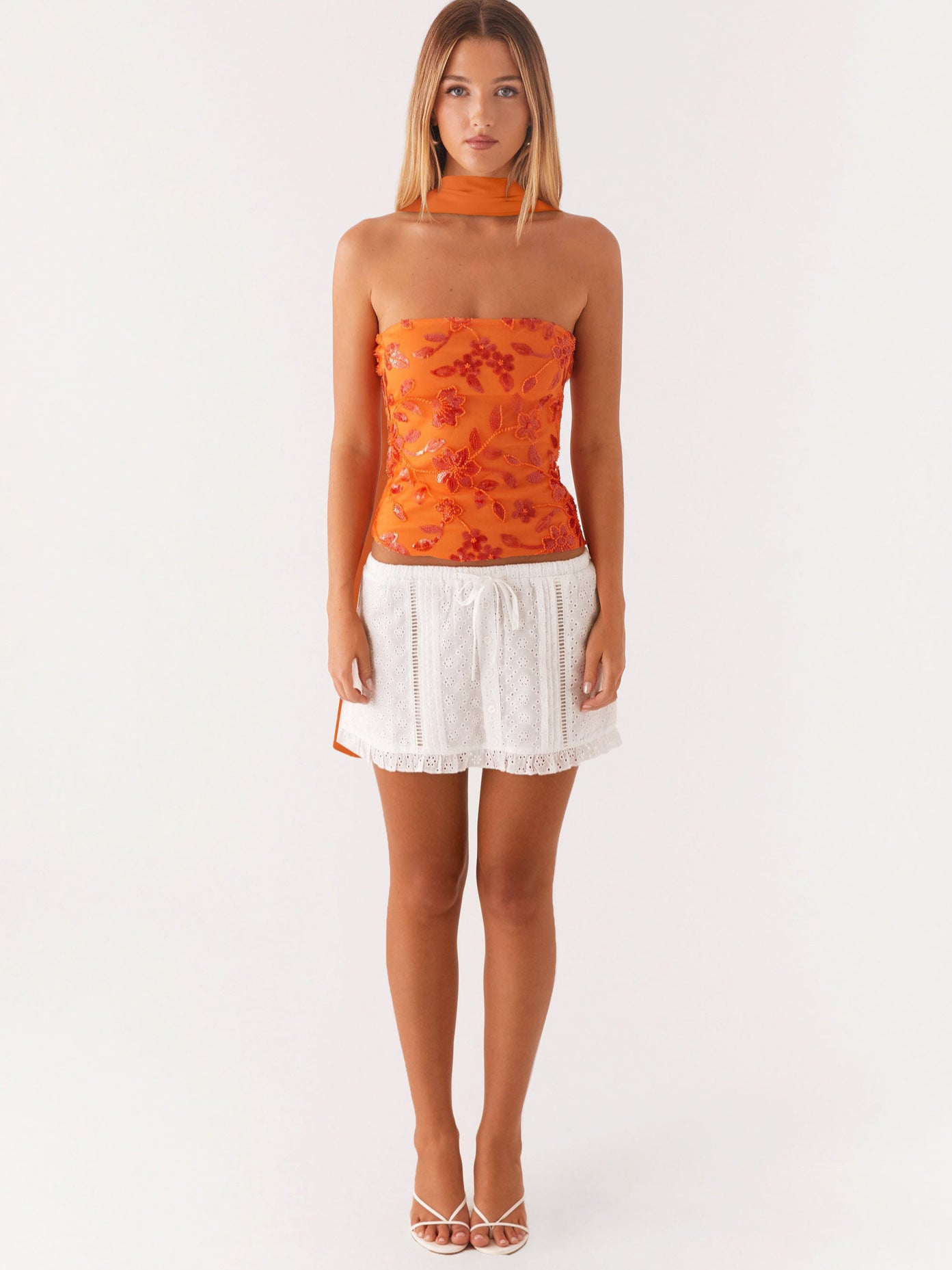 Backless Floral Sequin Tube Top with Matching Neck Scarf