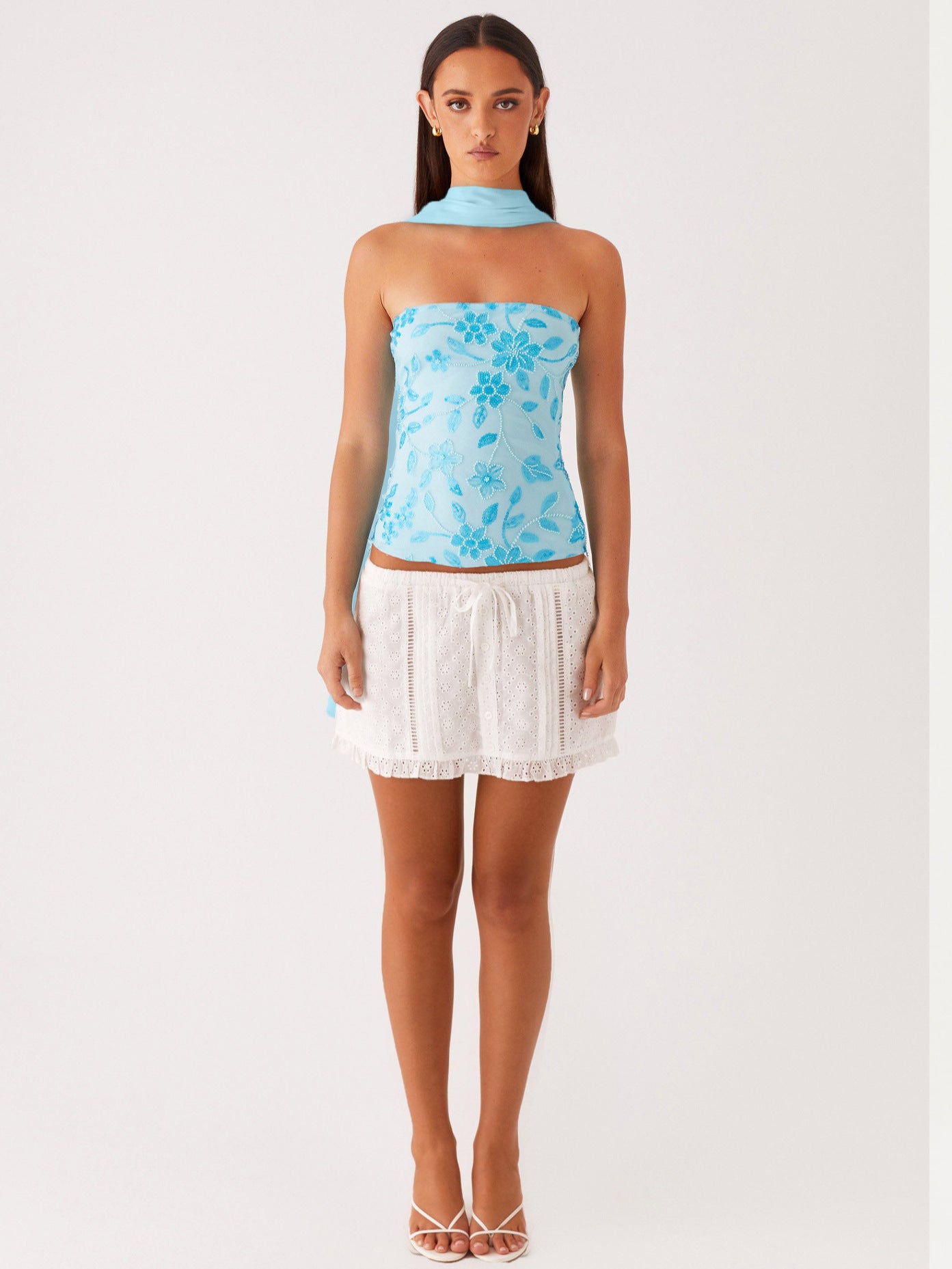 Backless Floral Sequin Tube Top with Matching Neck Scarf