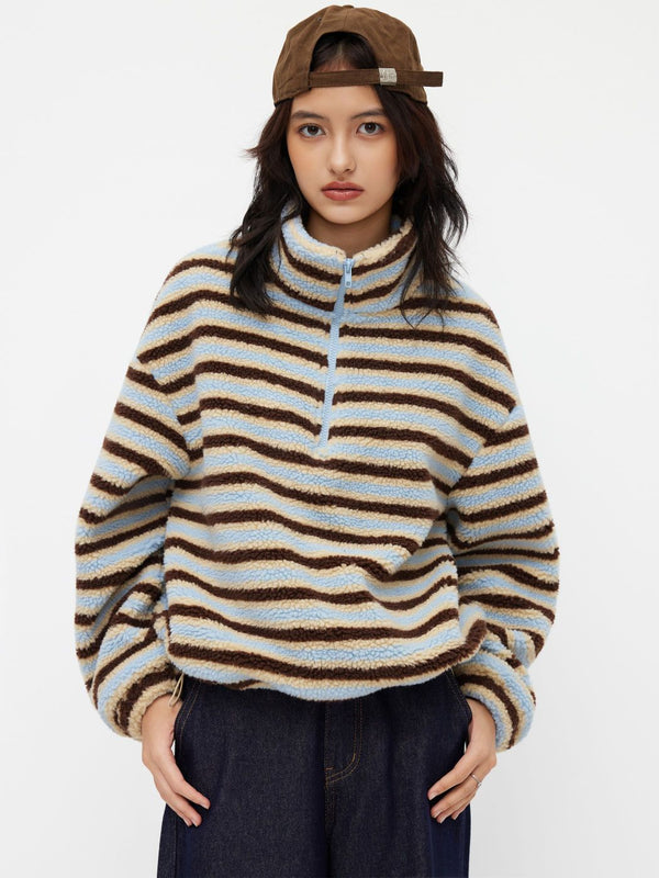Striped Quarter-Zip Fleece Pullover with High Neck